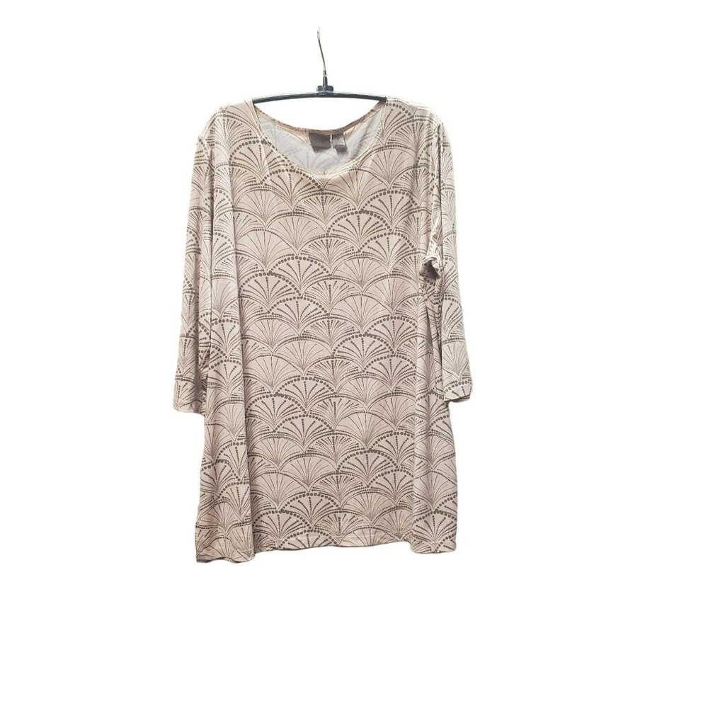 Chicos Easywear Tunic Top, Sz 2 L, Pink Gray Polyester Spandex Shell Fan Pattern